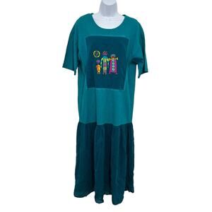 Johnny Was Embroidered T-Shirt Maxi Dress Turquoise Tribal M Boho Folk Indie